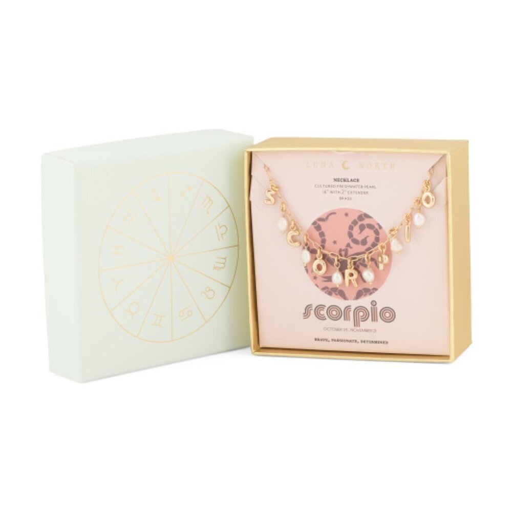 NWT LUNA NORTE Scorpio Gold Tone Astrological Pearl Letter Necklace w/ Gift Box - Picture 3 of 6